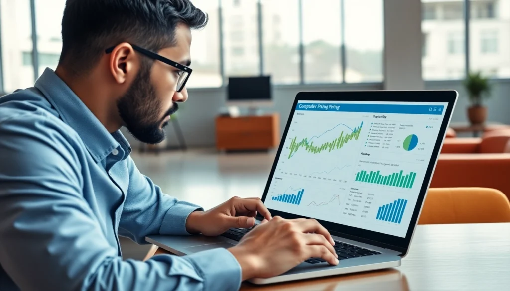 Find competitor pricing through detailed analysis on a laptop in a bright office.