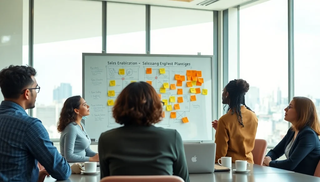 Team discussing the sales enablement strategy in a business meeting setting.