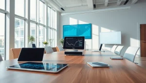 Showcase the innovative das 140 technology in a modern office setting with devices.