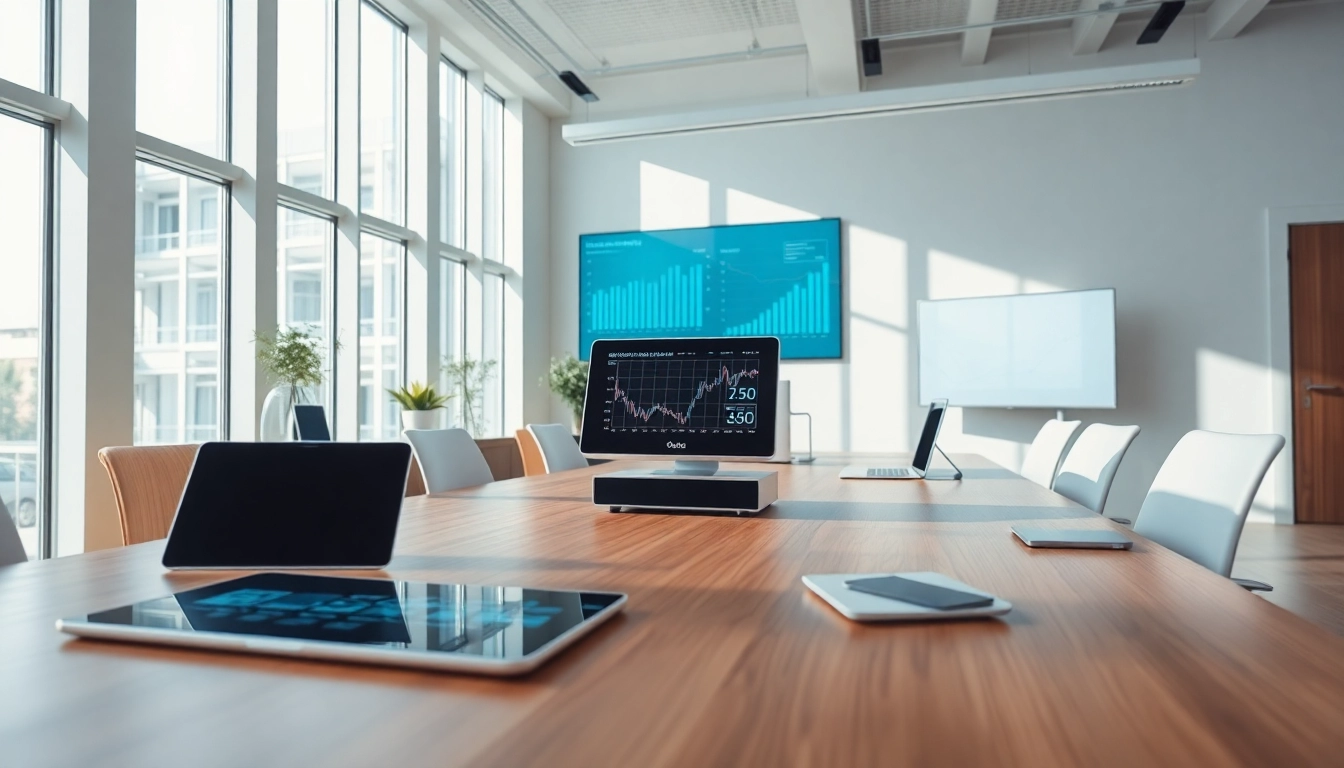 Showcase the innovative das 140 technology in a modern office setting with devices.