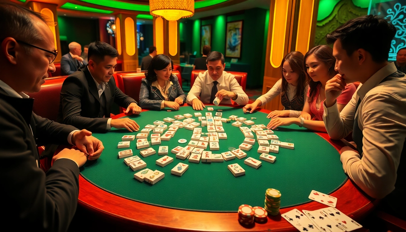 Experience the thrill of link mahjong at a bustling casino table filled with enthusiastic players.