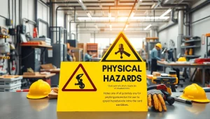 Highlighting physical hazards in a workplace with warning signs and safety equipment for awareness.