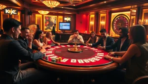 Exciting poker game at a KJC casino table with vibrant chips and cards.
