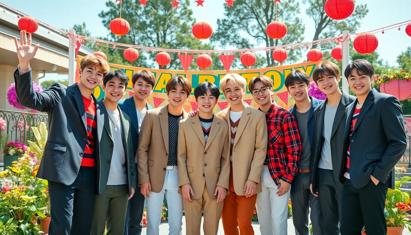 Capture exciting BTS news moments with members celebrating in a lively outdoor setting.