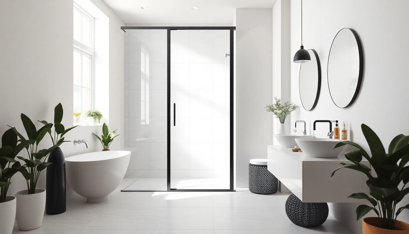 Admire this stylish shower door black frame enhancing a modern bathroom’s contemporary decor.