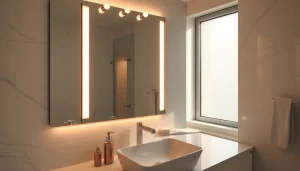Stylish mirror with lights enhances a modern bathroom atmosphere.