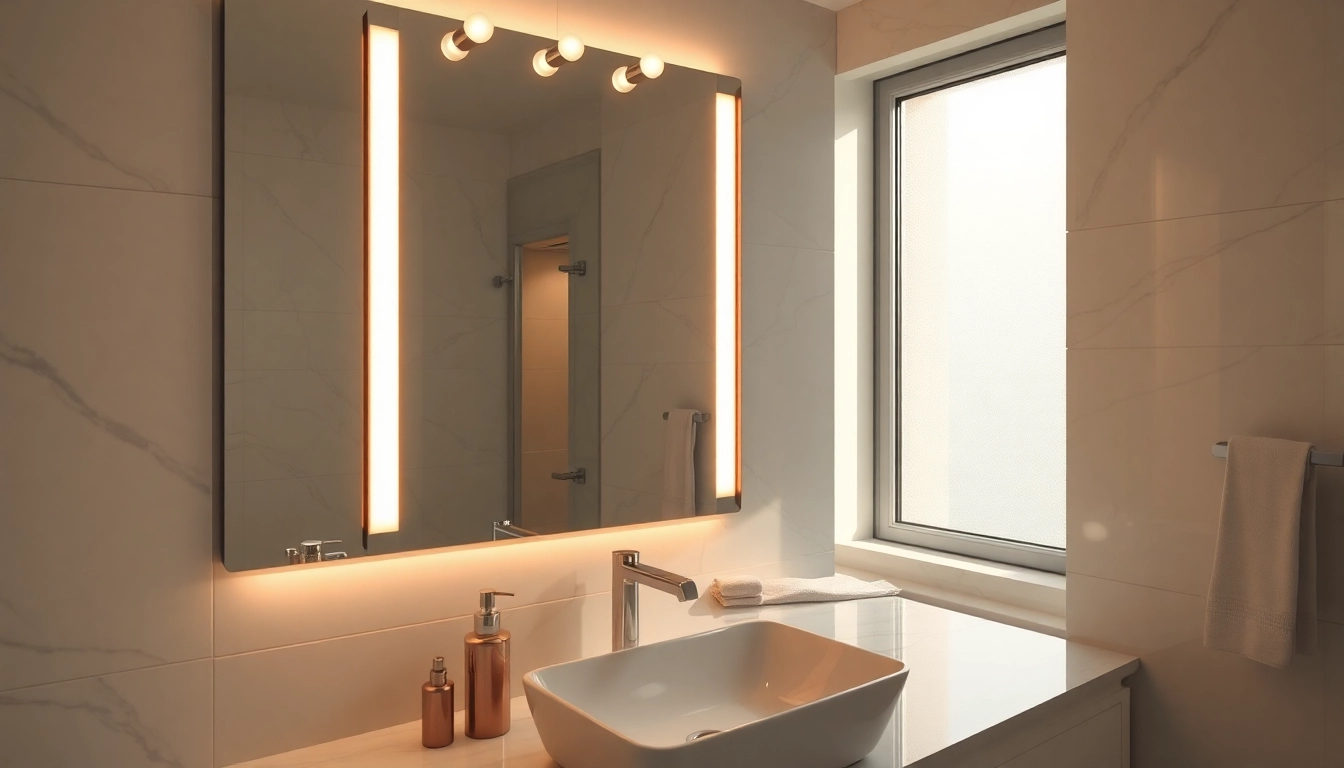 Stylish mirror with lights enhances a modern bathroom atmosphere.