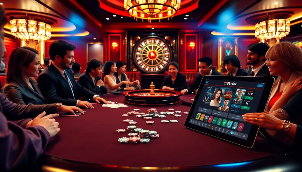 High-stakes poker game at a luxurious casino featuring 98WIN elements and dynamic excitement.