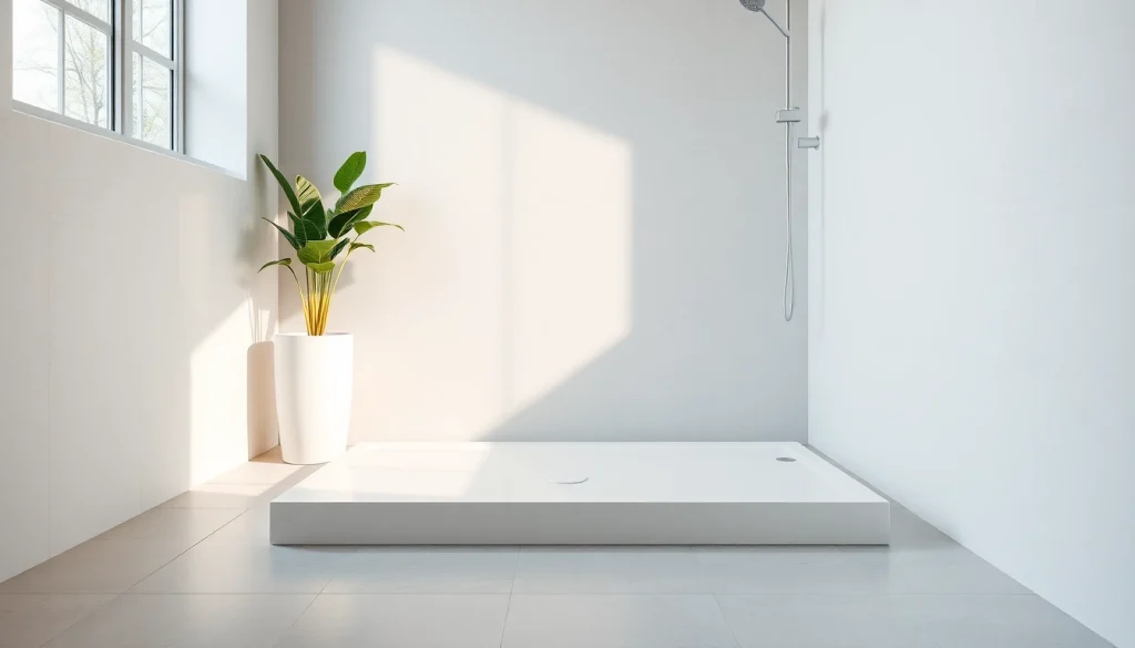 View of a stylish shower base in a contemporary bathroom, featuring elegant design details.