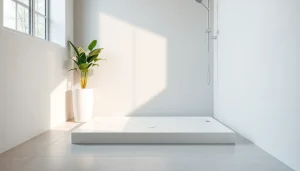View of a stylish shower base in a contemporary bathroom, featuring elegant design details.