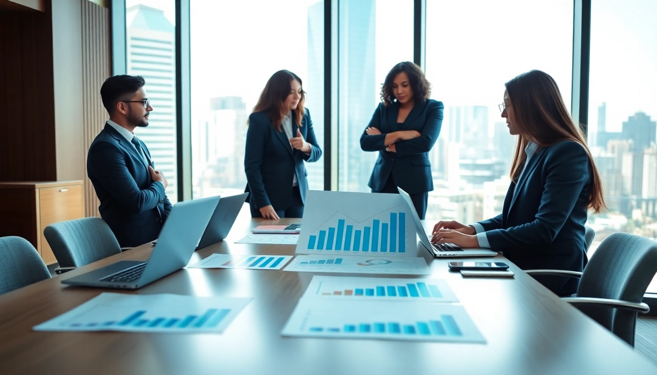 Visualize business growth insights through a diverse team collaborating in a modern office.