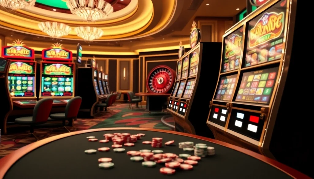 IDN Slot 777 scene with luxurious slot machines and vibrant graphics captivating players.