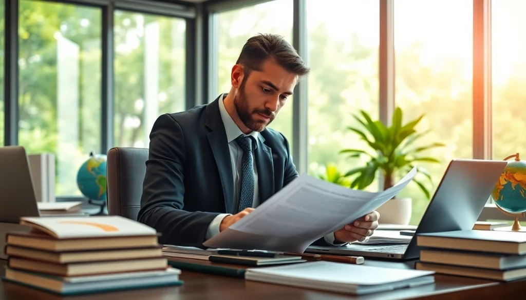 Environmental lawyer analyzing documents in a peaceful office with views of nature.