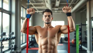 Fit individual using pull-up resistance bands in a bright gym setting.
