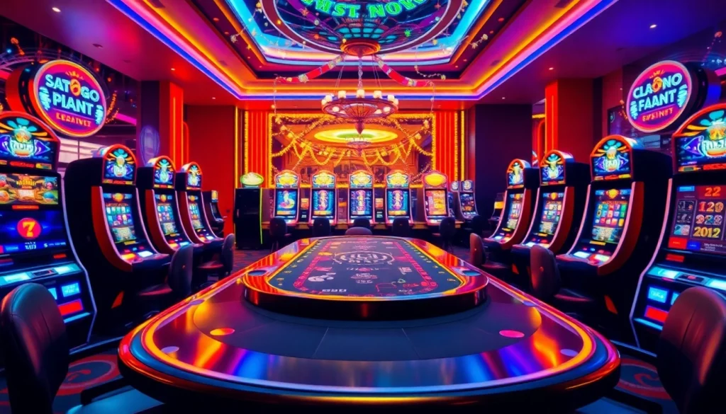 Permainan slot depo 1k dengan mesin slot mewah di latar kasino yang energik.