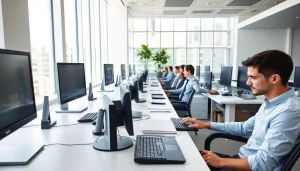 Showcasing a professional typing center with individuals at work in a modern office.