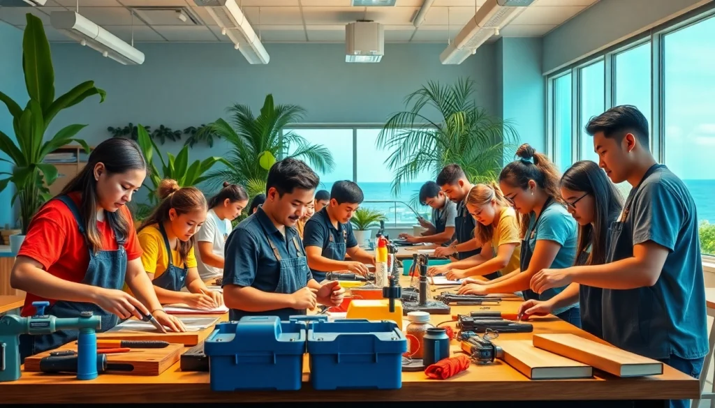 Students actively learning at Hawaii trade schools with a collaborative atmosphere filled with tools.