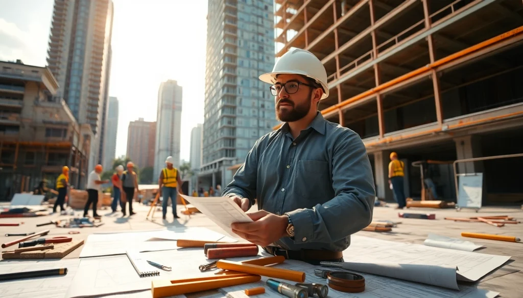 Manhattan General Contractor overseeing a busy construction site with blueprints and tools.