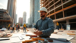 Manhattan General Contractor overseeing a busy construction site with blueprints and tools.