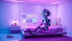 Engaging AI NSFW character interacting in a futuristic bedroom setting.