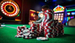Hello88 poker chips stacked at a luxurious casino table, inviting excitement in the gaming atmosphere.