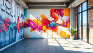 Żywe murale pokazujące nowatorską technologię druku ściennego w nowoczesnym wnętrzu.