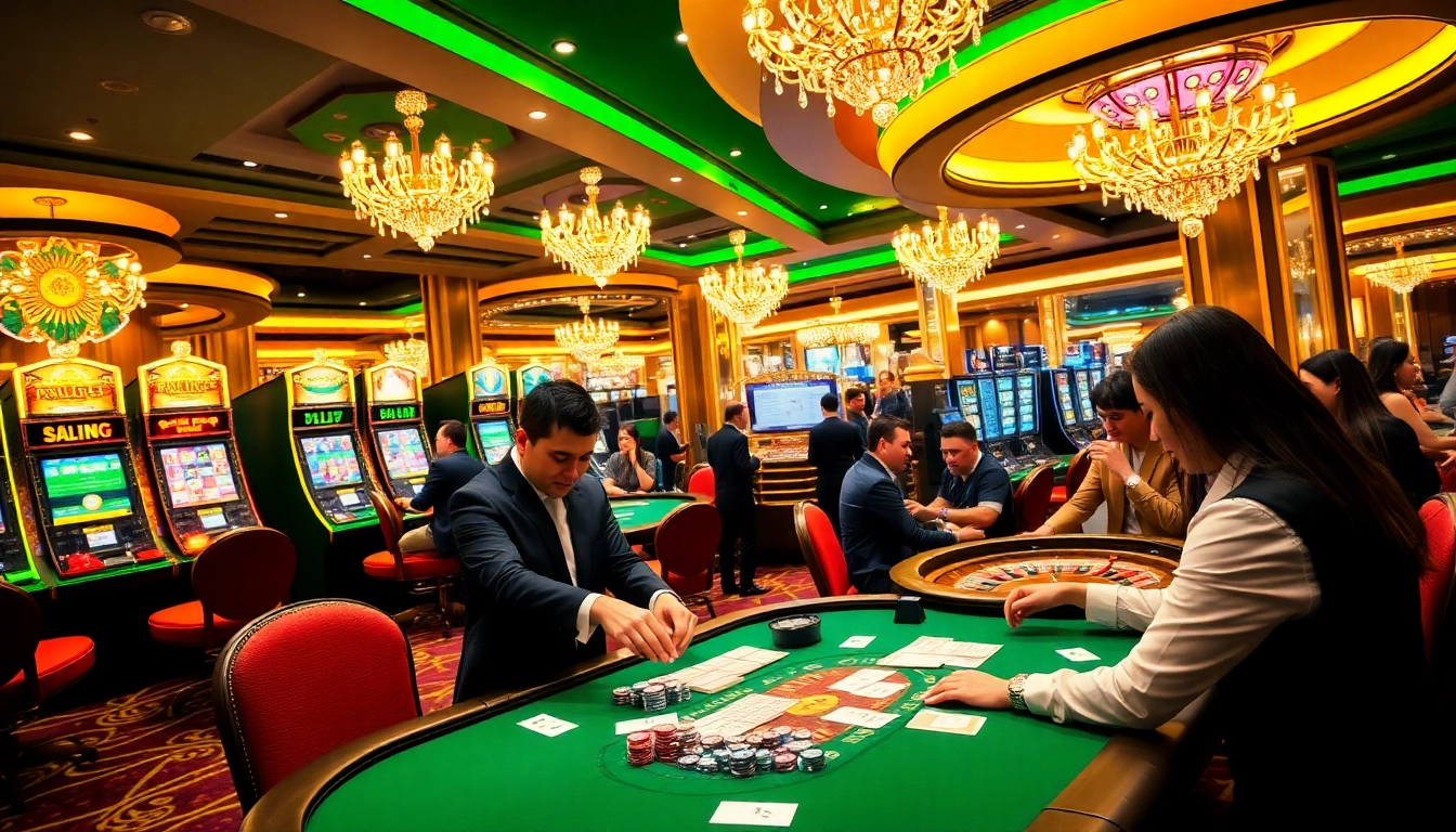 Atmosphère excitante dans un meilleur casino en ligne avec des tables de poker et des roues de roulette.