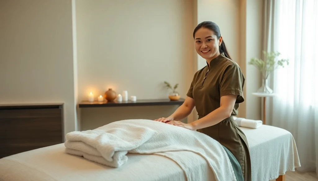 수원 출장마사지 현장, 매력적인 호텔 객실에서 편안한 홈 마사지 준비를 하는 전문 치료사의 모습