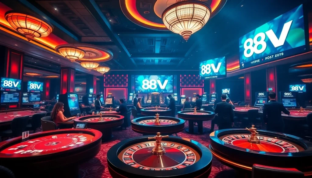 88VV online casino gaming tables with poker chips and roulette wheels under vibrant lights.