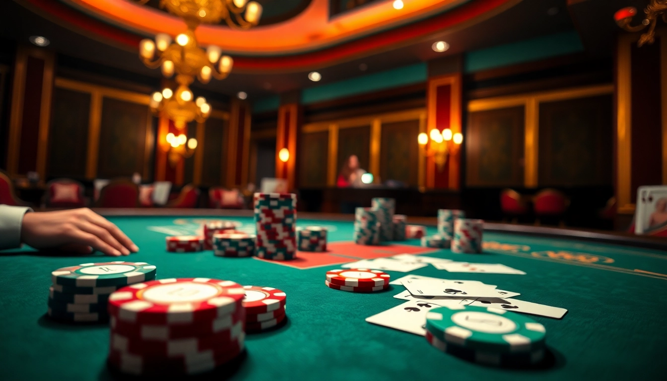 Pemain menikmati permainan di kasino saat menggunakan interwin official dengan chip poker berwarna-warni.