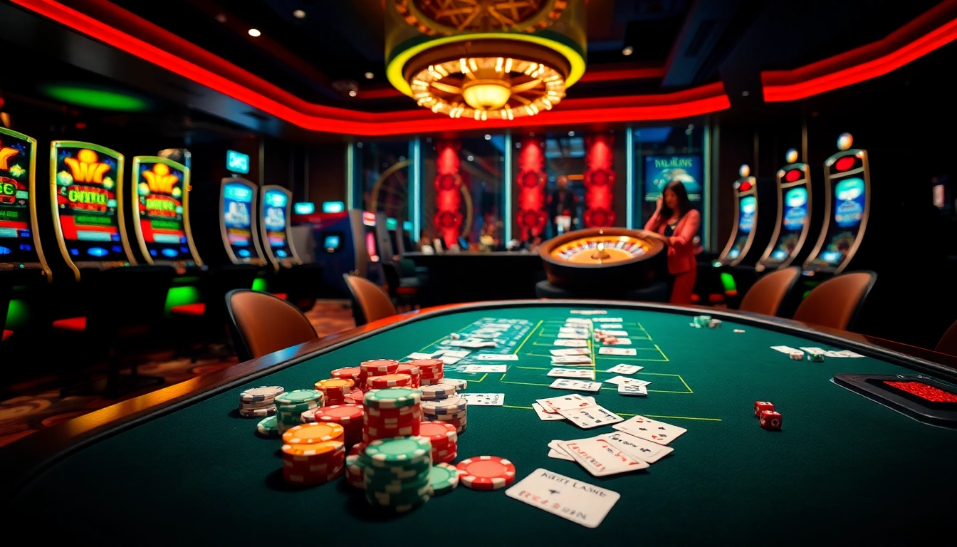 Scène excitante au meilleur casino en ligne, mettant en valeur une table de poker dynamique, une roue de roulette et des machines à sous colorées.