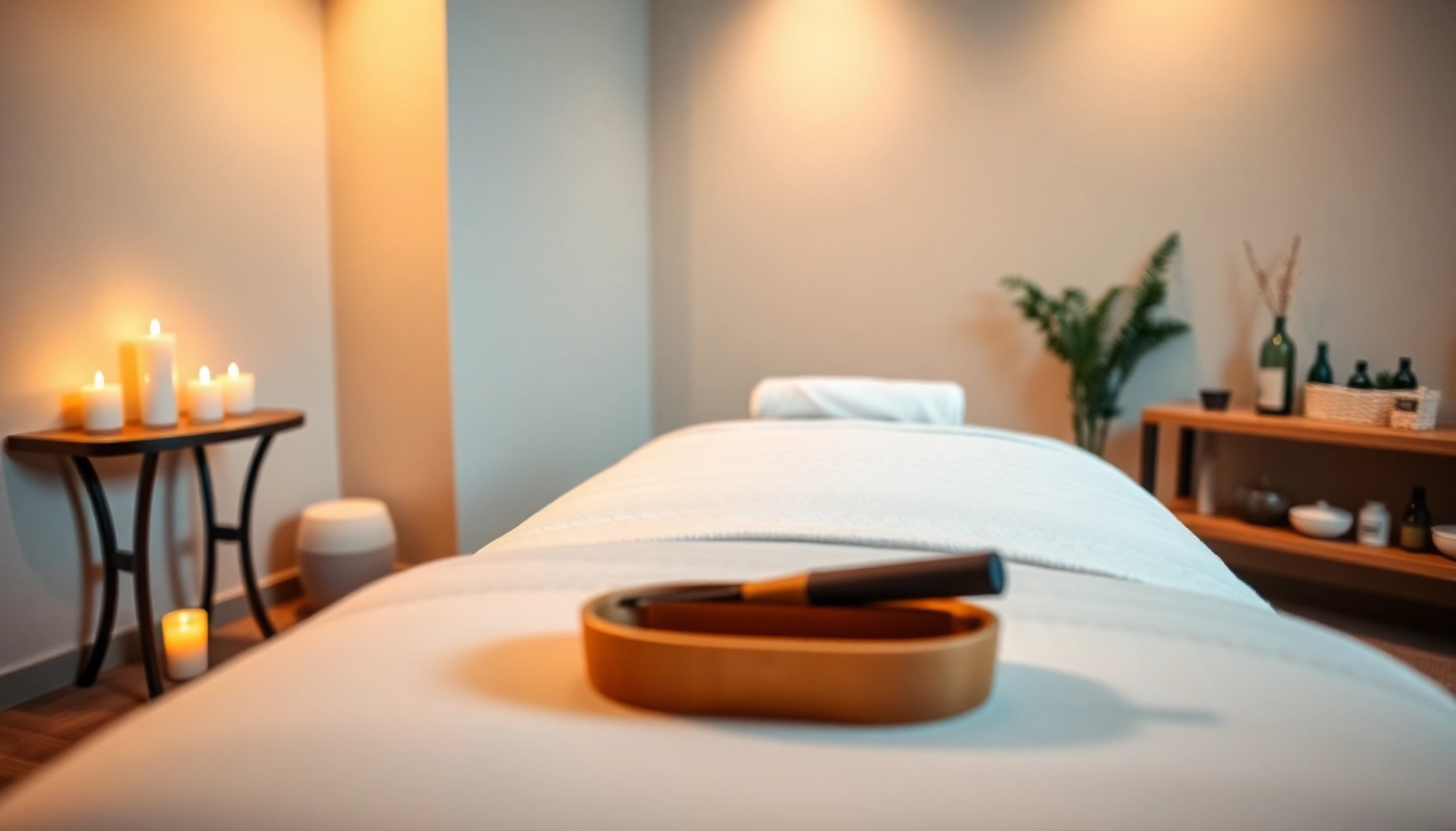 편안한 분위기와 부드러운 조명이 있는 이완 마사지 치료실.