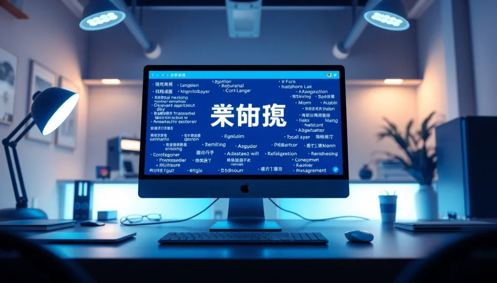 Dynamic digital workspace showcasing 有道翻译 interface with language translation elements.