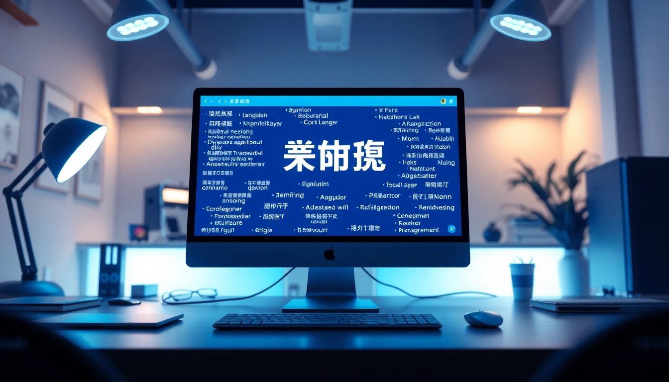 Dynamic digital workspace showcasing 有道翻译 interface with language translation elements.