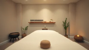 편안한 분위기와 에센셜 오일이 있는 마사지 치료실.