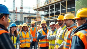 Workers demonstrating construction safety programs in an active construction site.