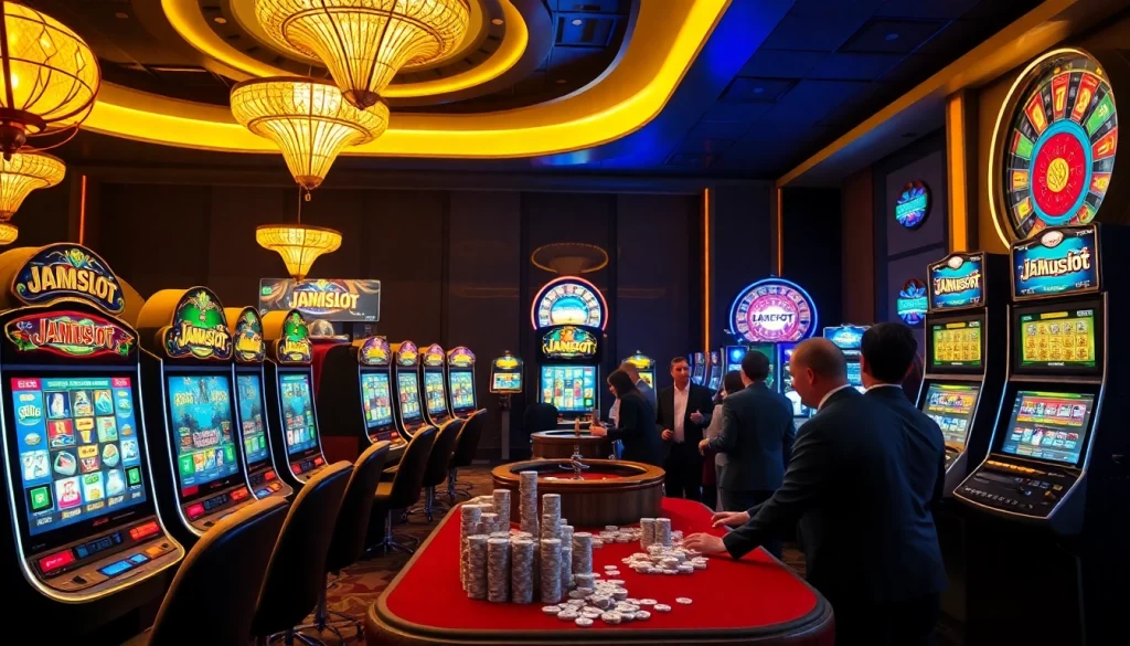 Playing JAMUslot amidst glowing slot machines and exciting casino atmosphere.