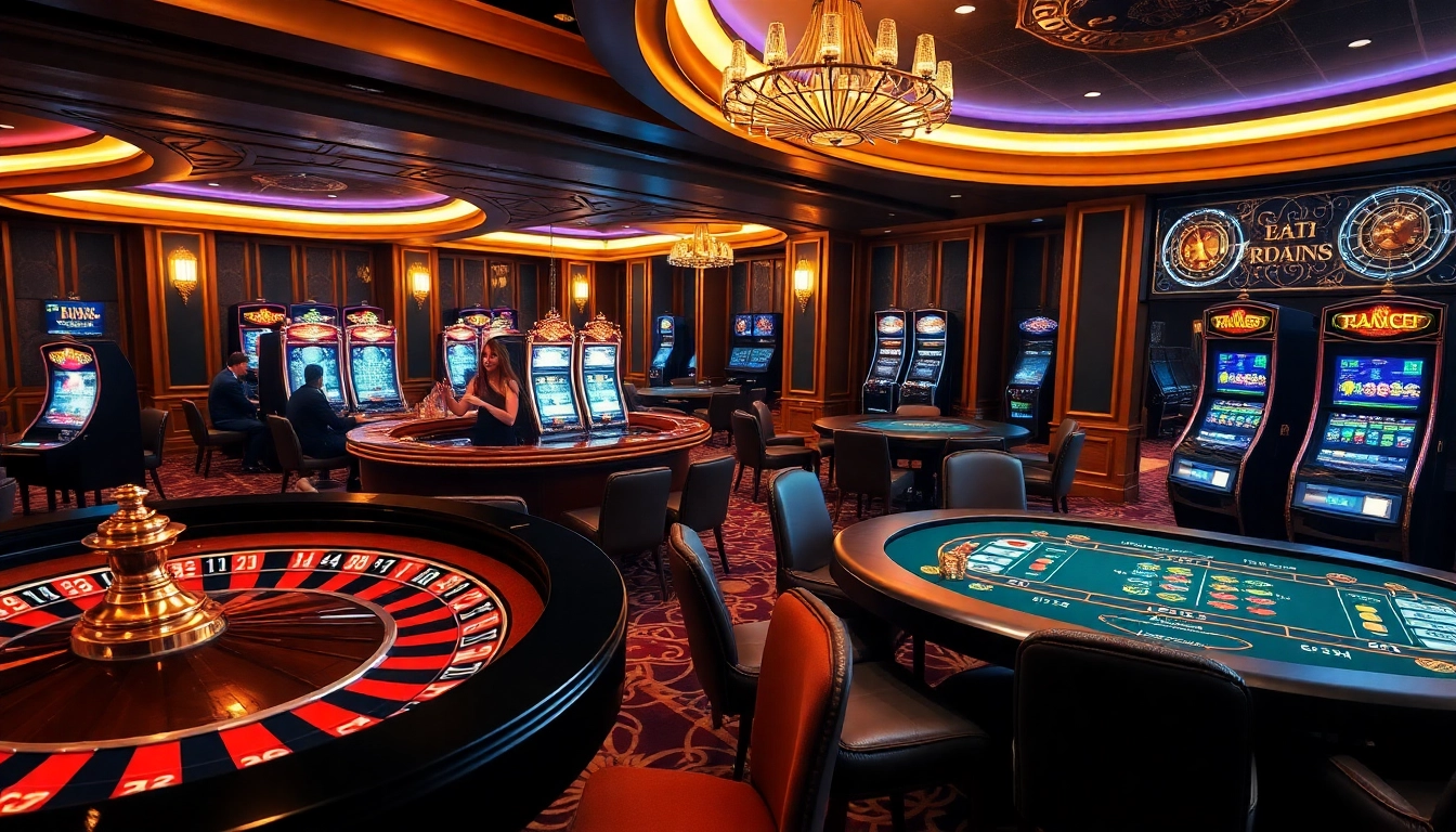 Experience the excitement of gambling at https://saobet.website/ with vibrant casino visuals showcasing roulette wheels and poker tables.
