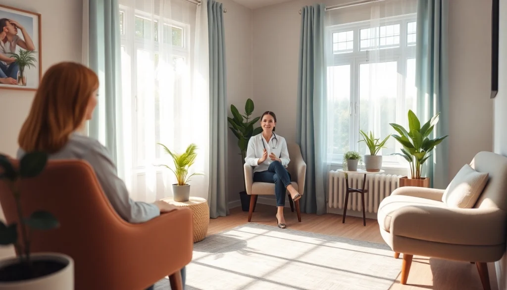 Therapist discussing anxiety symptoms in a calming consultation room with natural light.