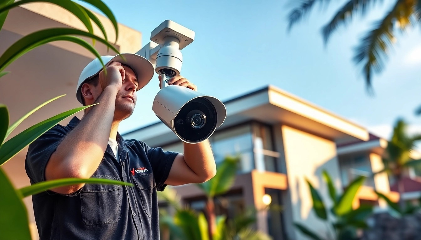 Técnico de seguridad instalando CCTV en Guanacaste tropical, mostrando tecnología avanzada y profesionalismo.