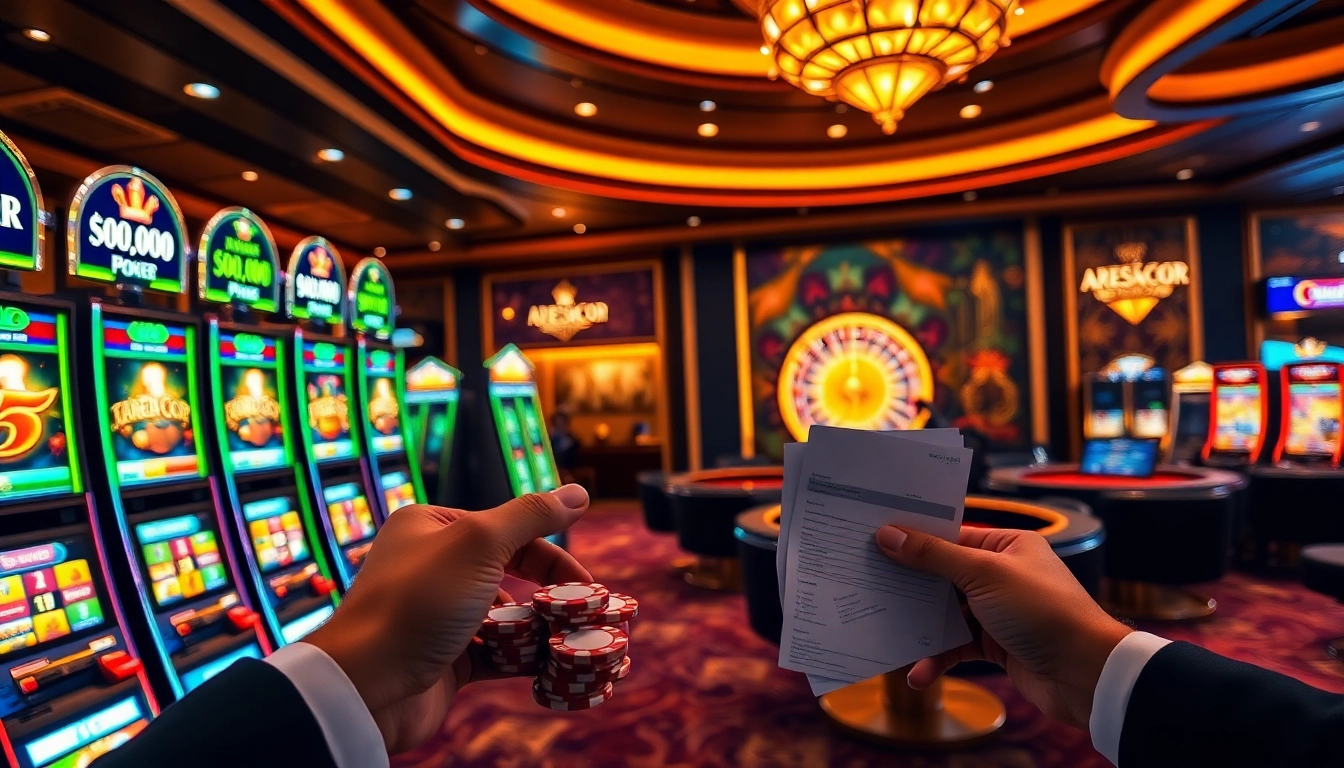 Engage with the exciting ARESGACOR gaming experience featuring slot machines and poker chips.