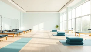 リフォーマーとマットを備えた明るいスタジオでのピラティス おすすめ