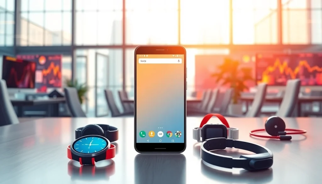 Interactivity of Android showcased on a smartphone in a modern office setting.