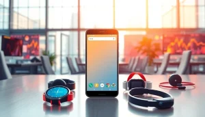 Interactivity of Android showcased on a smartphone in a modern office setting.