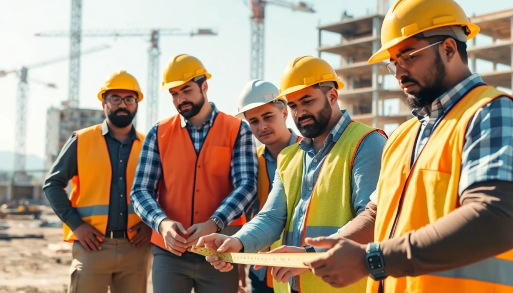 Construction career teamwork at a building site with diverse professionals collaborating.