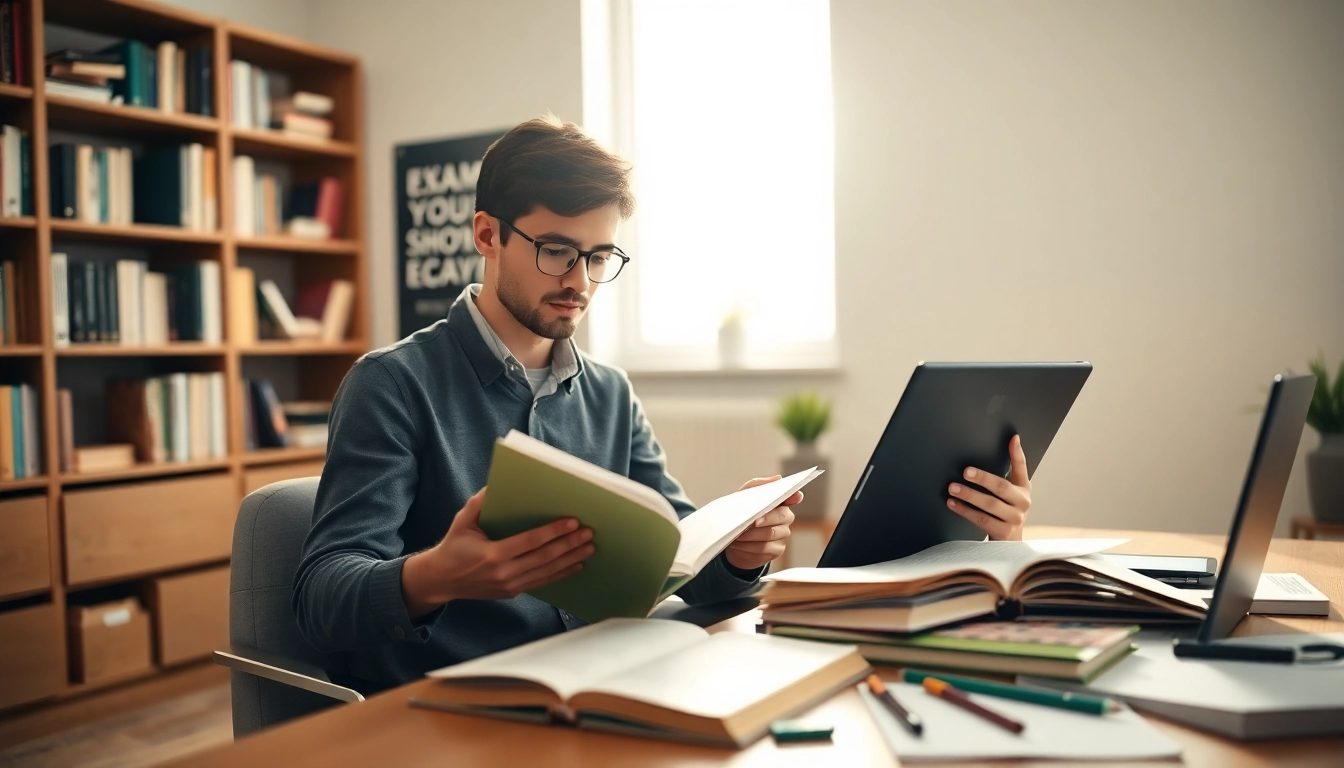 Engaged in exam preparation, a student studies in a modern room filled with resources and bright light.