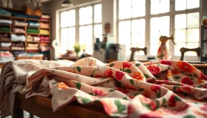 Stof voor jurk kopen in een gezellige naai studio met kleurrijke stoffen en natuurlijke verlichting.