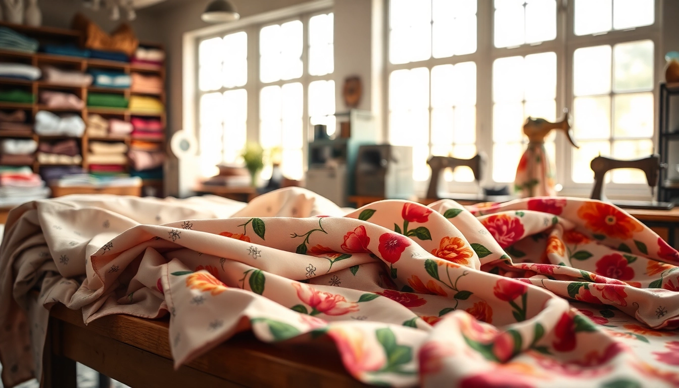 Stof voor jurk kopen in een gezellige naai studio met kleurrijke stoffen en natuurlijke verlichting.