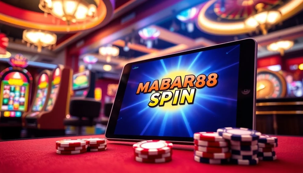 Antarmuka MABAR88 Spin yang menampilkan mesin slot berwarna-warni dan suasana kasino yang menggembirakan.