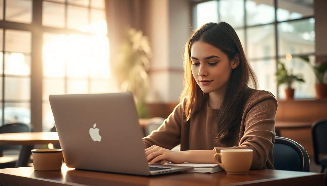 Young woman generating ideas with image to prompt ai in a cozy café.